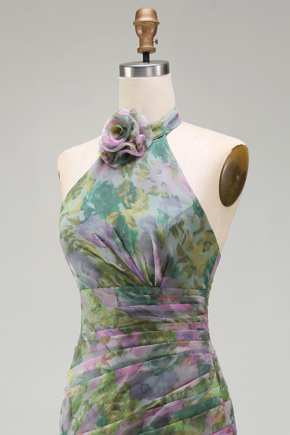 Dusty Sage Floral A Line Halter Neck Long Wedding Guest Dress