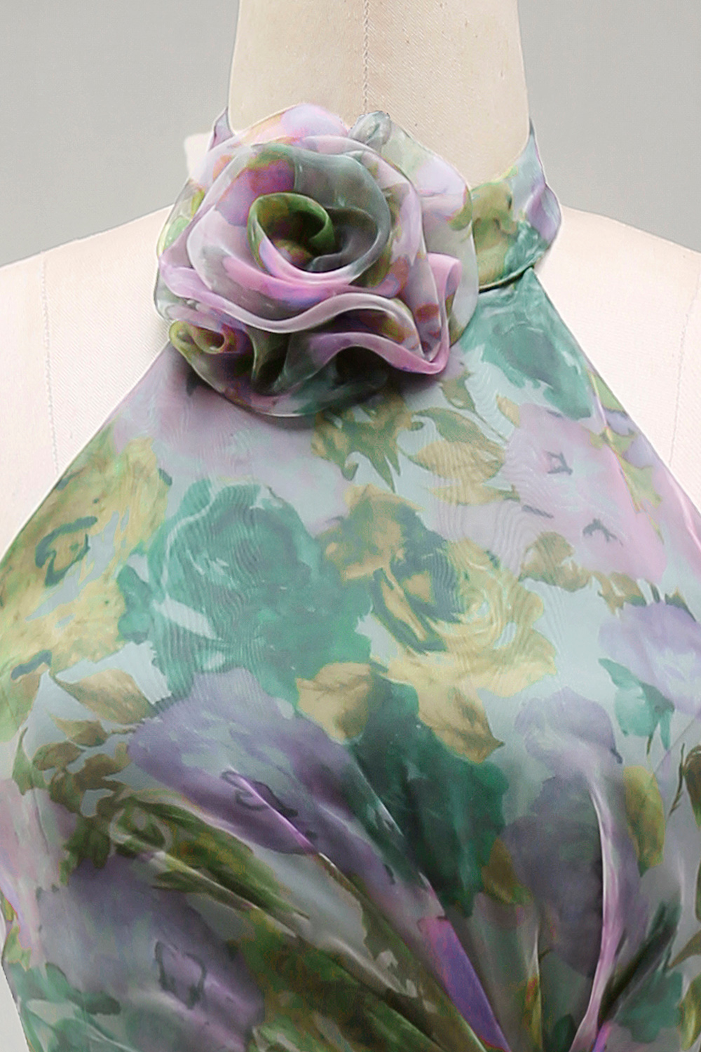 Dusty Sage Floral A Line Halter Neck Long Wedding Guest Dress