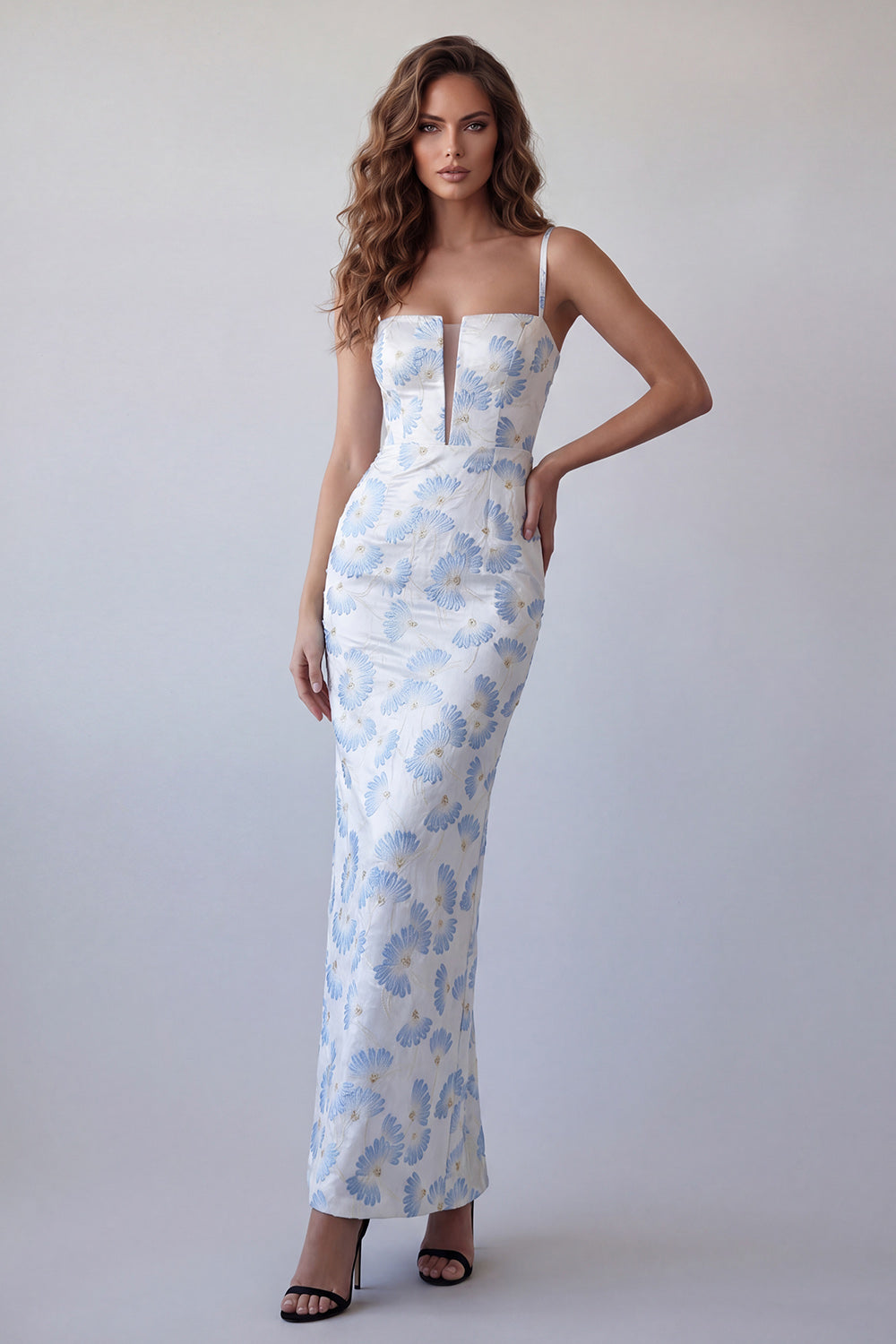 Light Blue Floral Sheath Spaghetti Straps Long Wedding Guest Dress