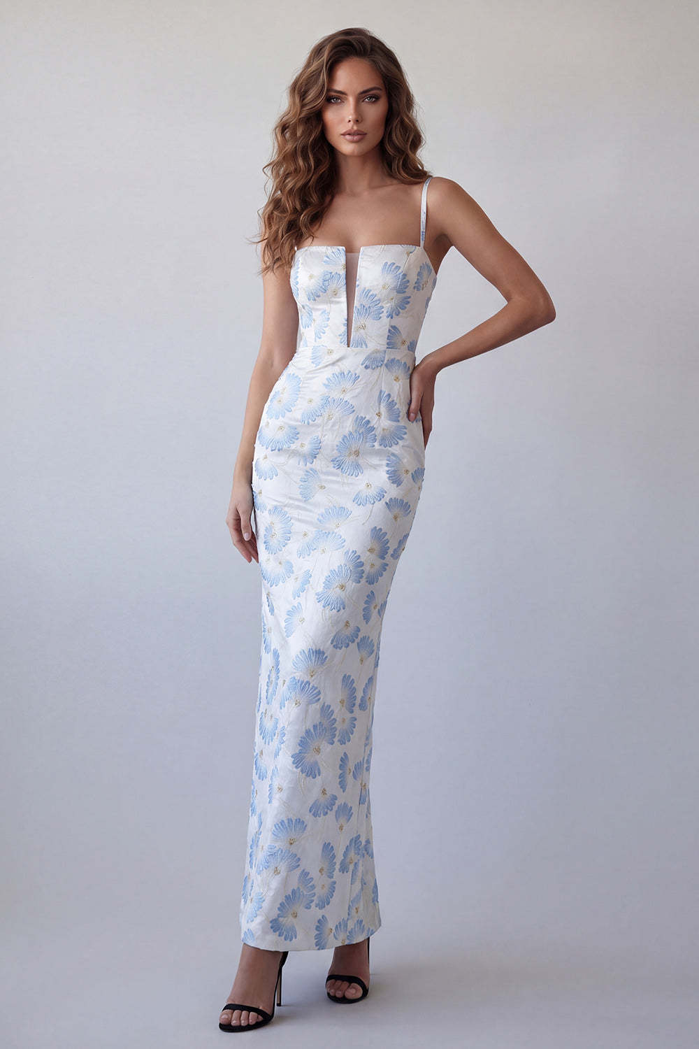 Leely Women Light Blue Floral Sheath Spaghetti Straps Long Wedding Guest Dress Backless Sleeveless Garden Party Dress