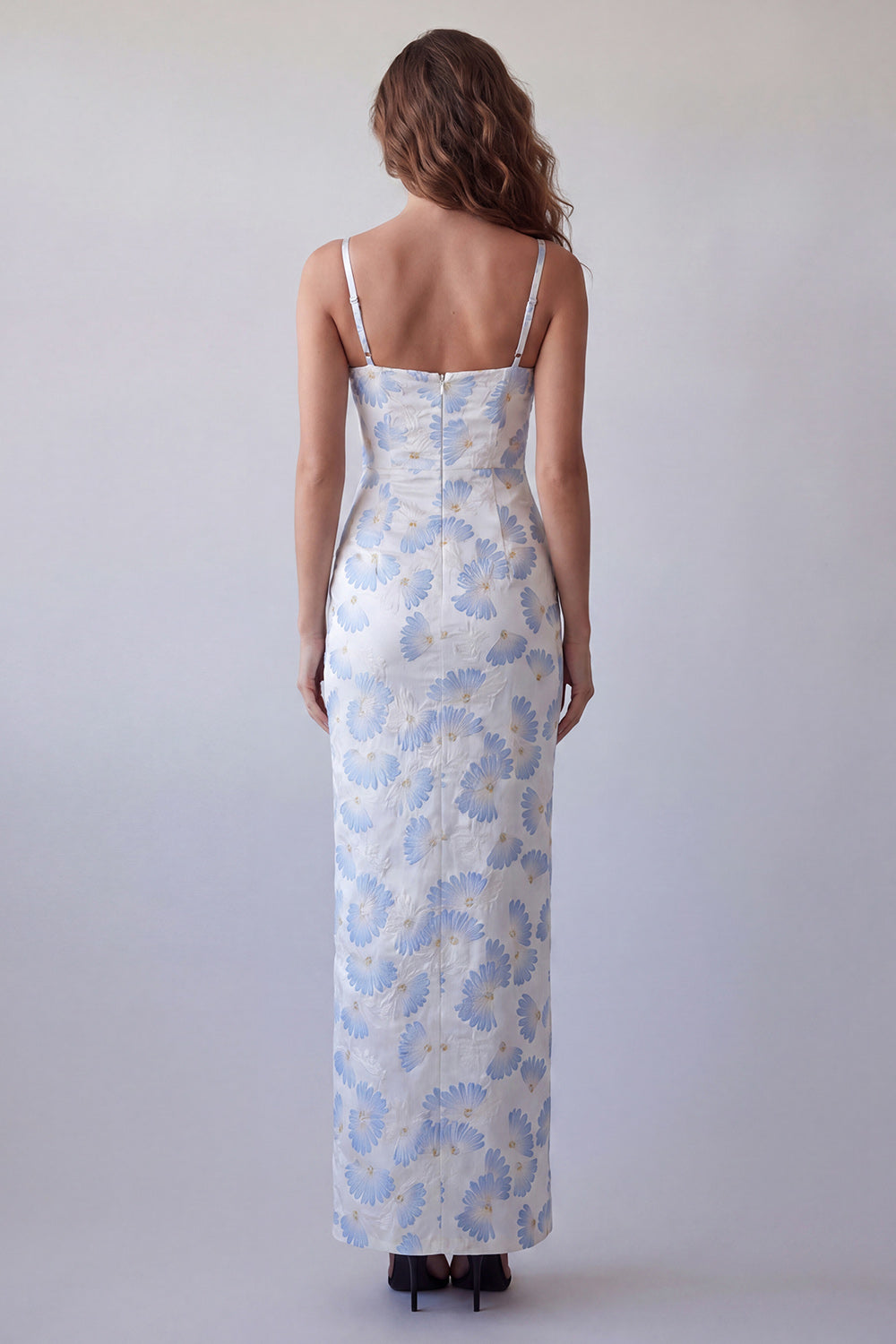 Light Blue Floral Sheath Spaghetti Straps Long Wedding Guest Dress