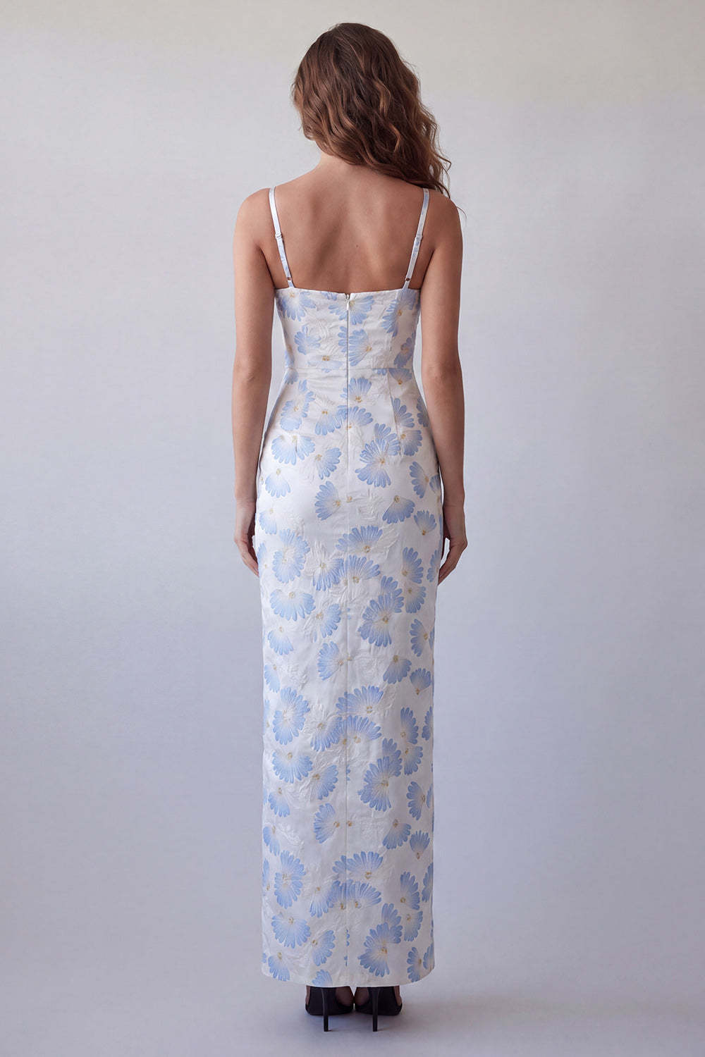 Light Blue Floral Sheath Spaghetti Straps Long Wedding Guest Dress