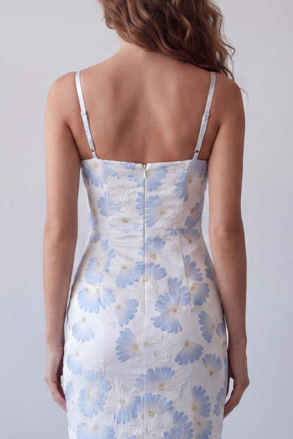 Light Blue Floral Sheath Spaghetti Straps Long Wedding Guest Dress