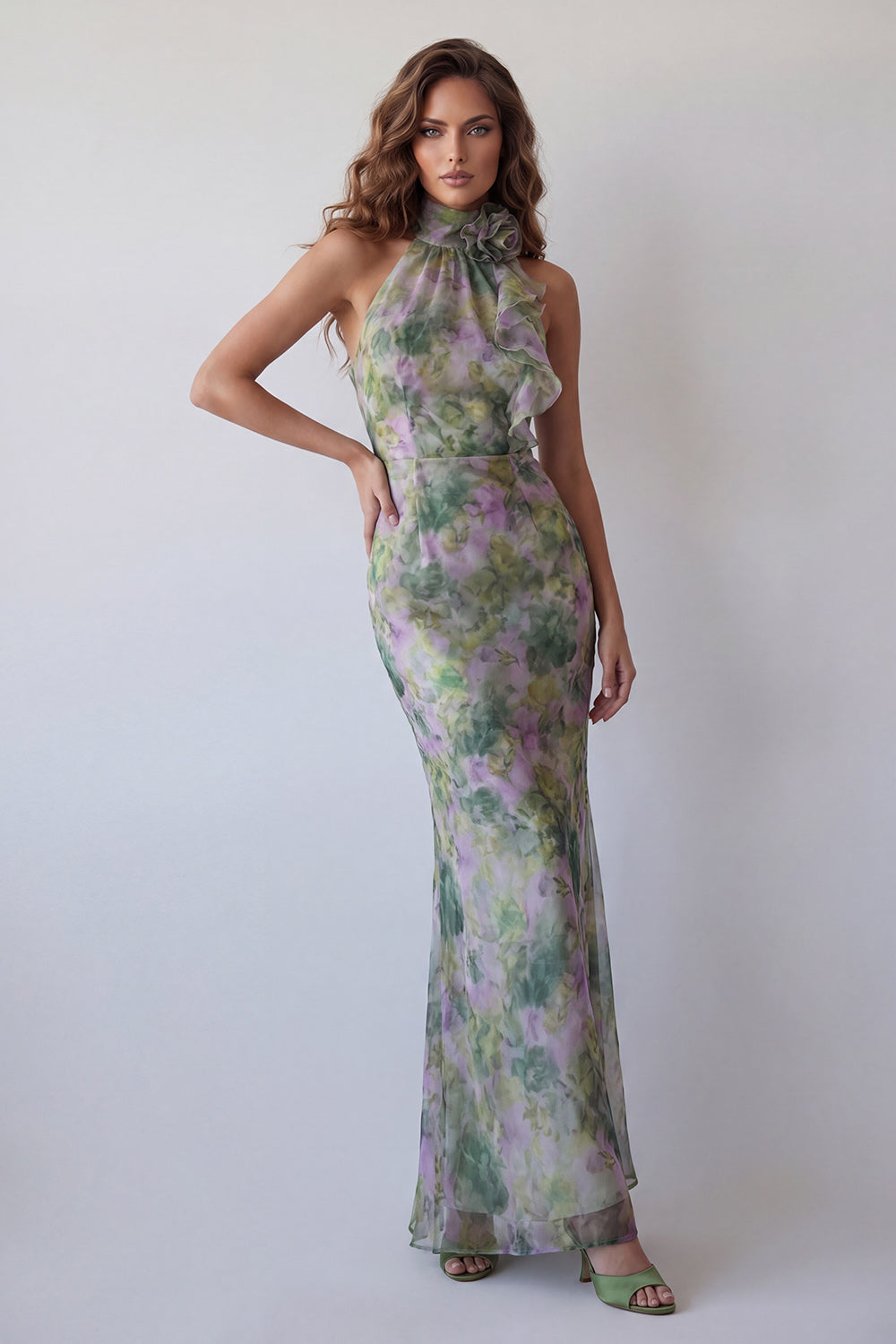 Dusty Sage Floral Mermaid Halter Neck Long Wedding Guest Dress