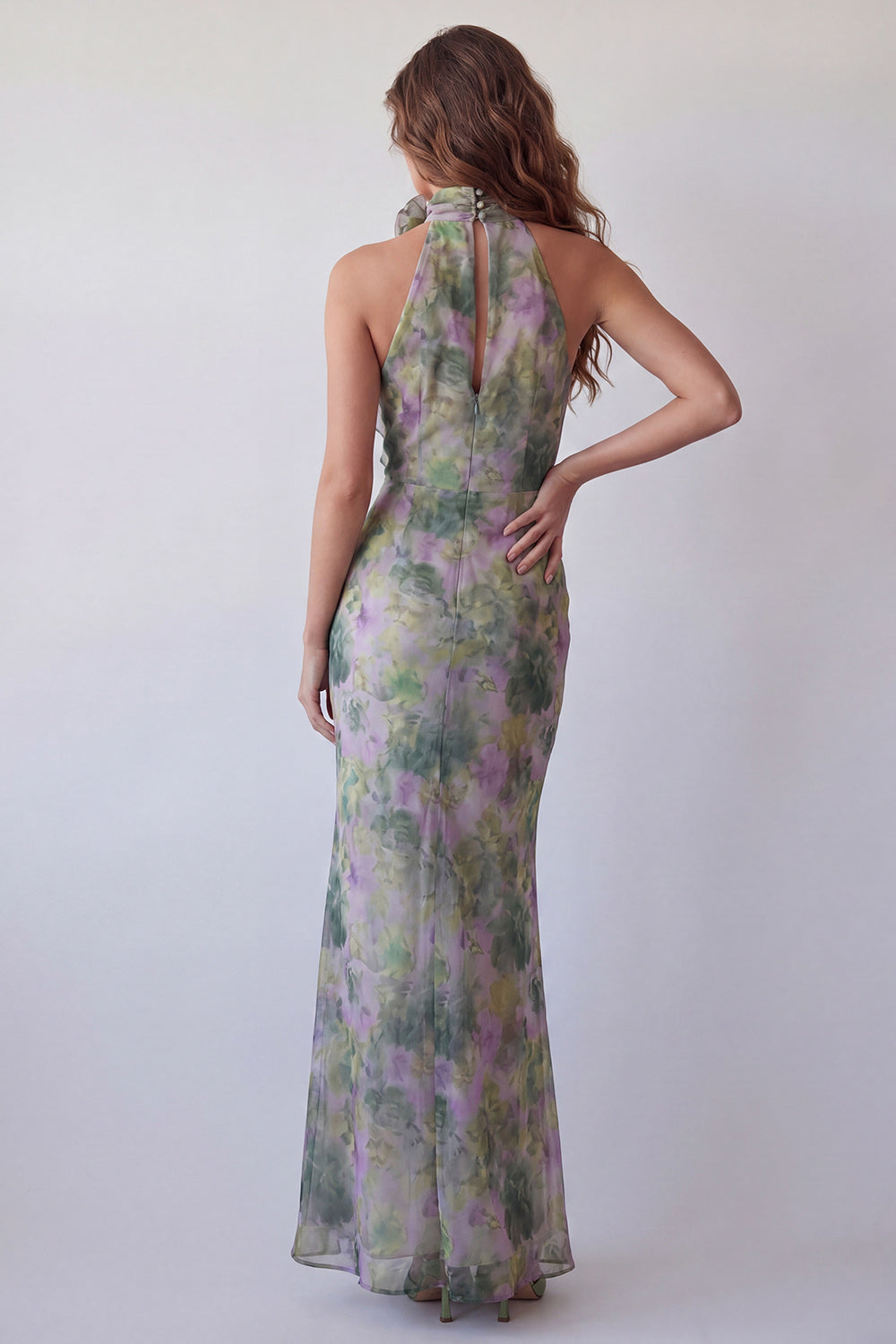 Dusty Sage Floral Mermaid Halter Neck Long Wedding Guest Dress