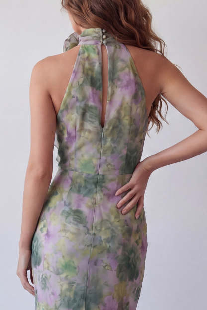 Dusty Sage Floral Mermaid Halter Neck Long Wedding Guest Dress