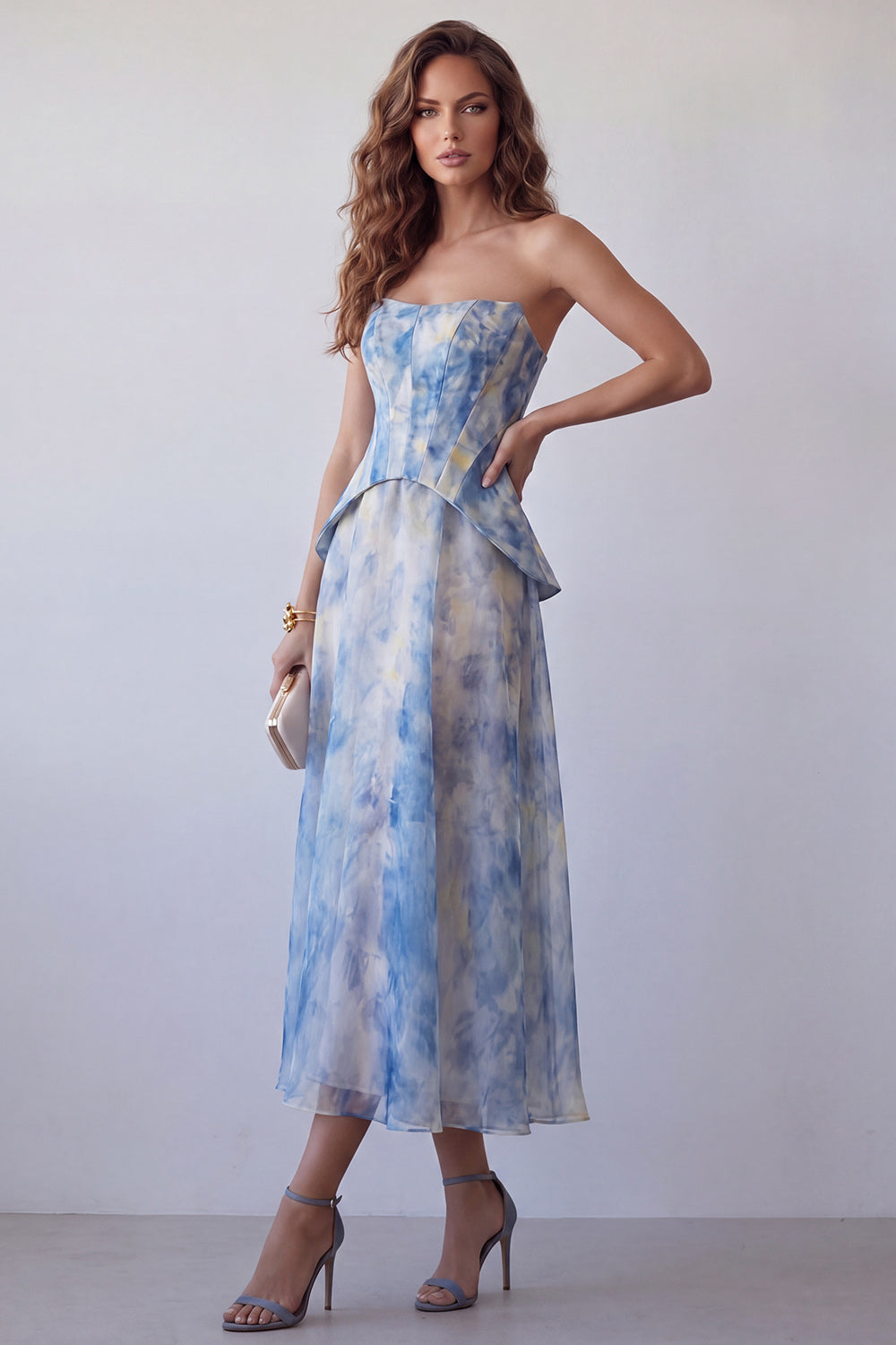 Leely Women Dusty Blue Floral A Line Corset Midi Wedding Guest Dress Strapless Backless Garden Party Dress