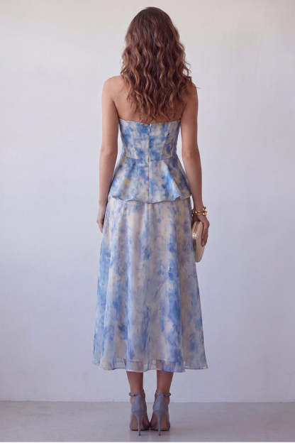 Dusty Blue Floral A Line Corset Midi Wedding Guest Dress