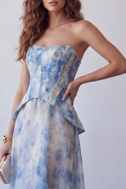 Dusty Blue Floral A Line Corset Midi Wedding Guest Dress