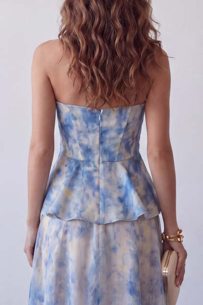 Dusty Blue Floral A Line Corset Midi Wedding Guest Dress