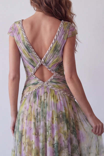 Dusty Sage Floral A Line Pleated Long Wedding Guest Dress