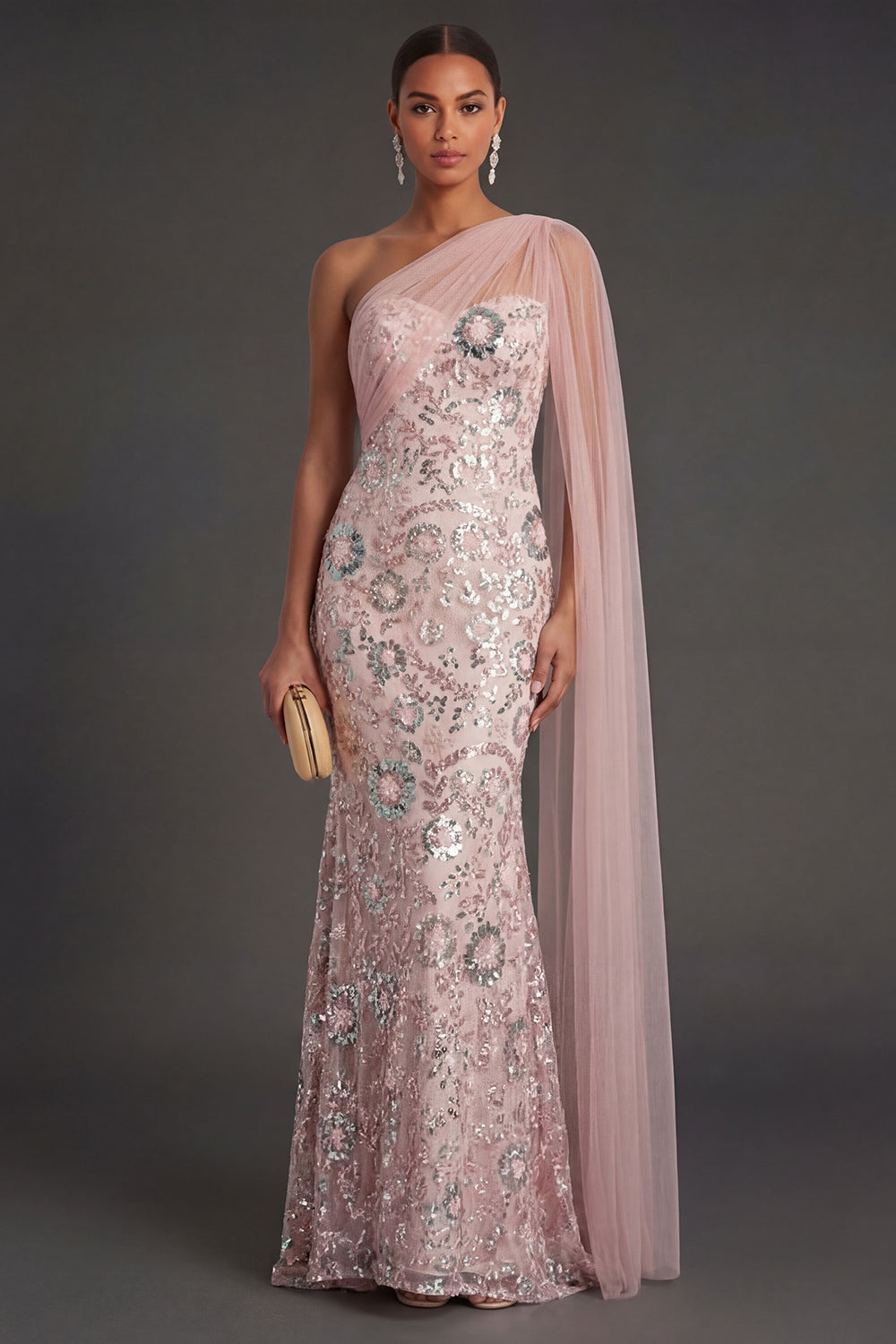 One Shoulder Pink Sparkly Mermaid Long Formal Dress