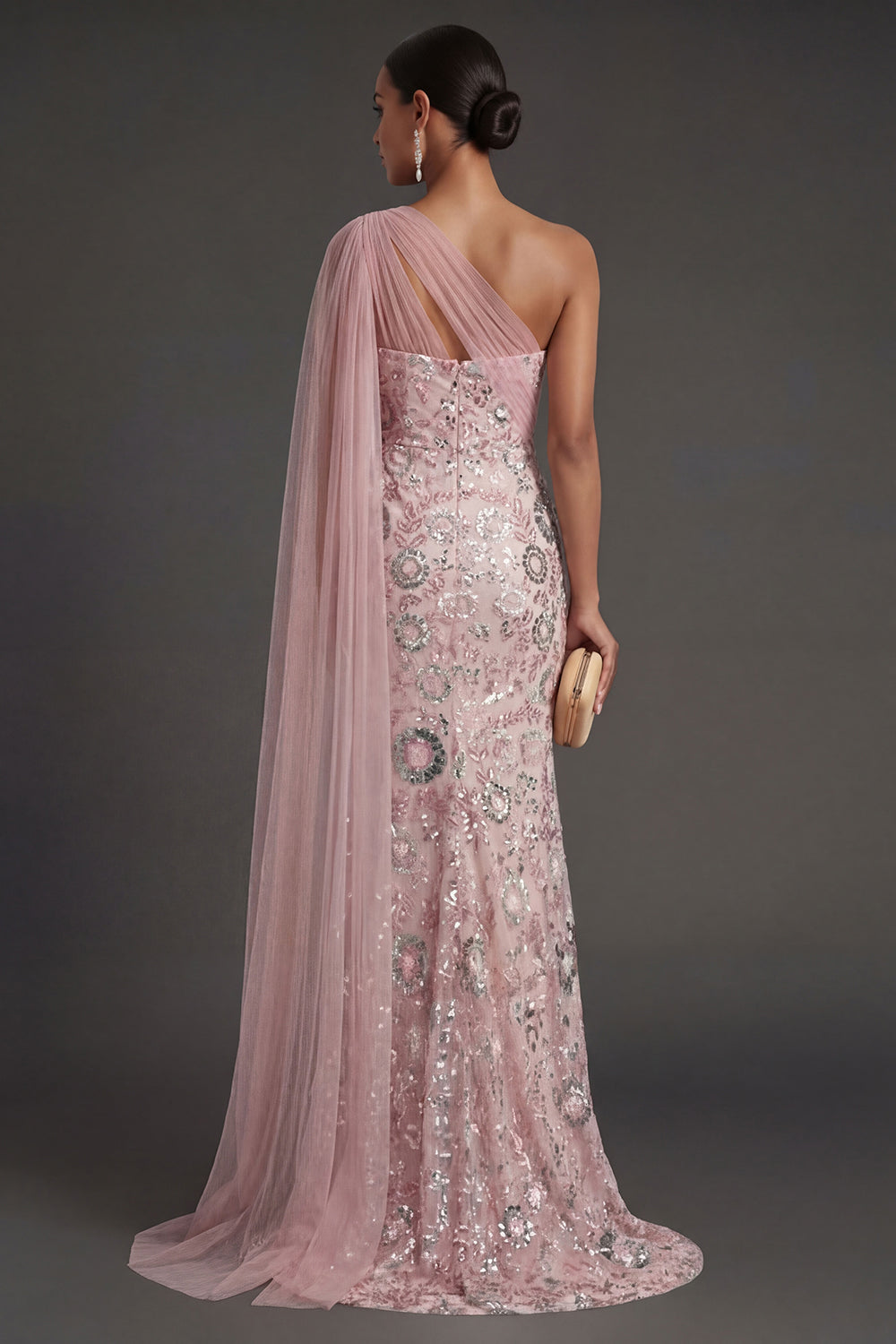 One Shoulder Pink Sparkly Mermaid Long Formal Dress