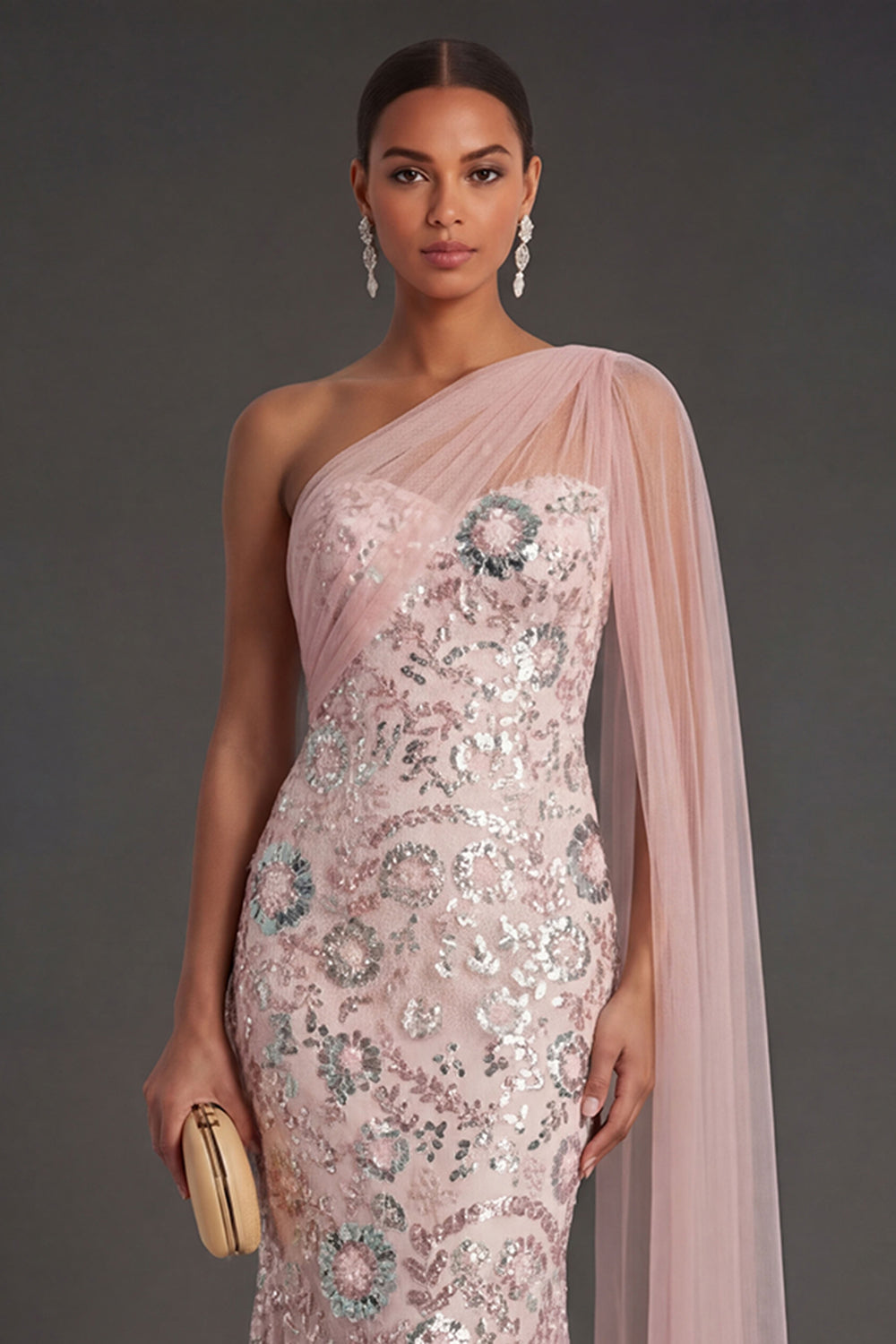 One Shoulder Pink Sparkly Mermaid Long Formal Dress