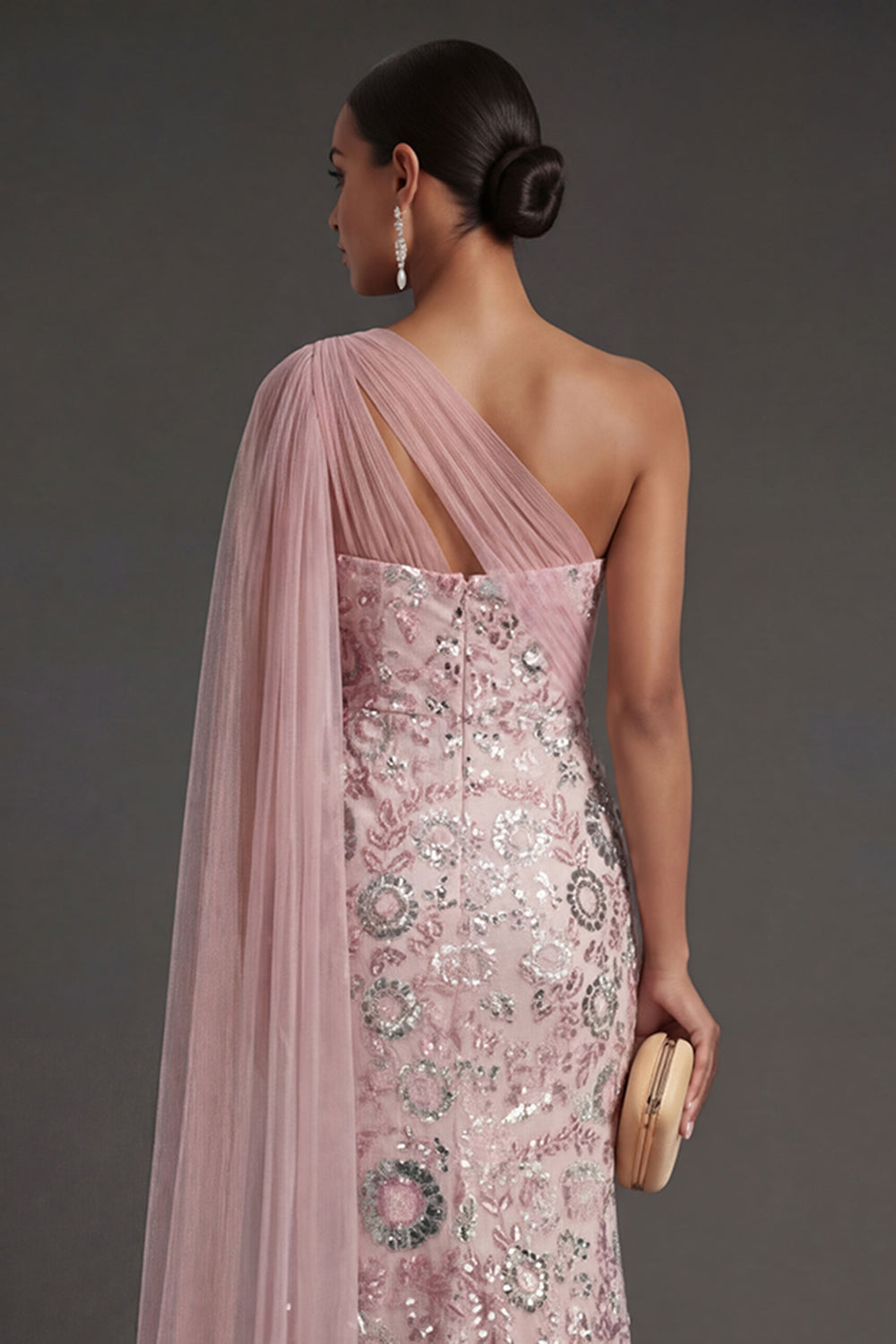 One Shoulder Pink Sparkly Mermaid Long Formal Dress