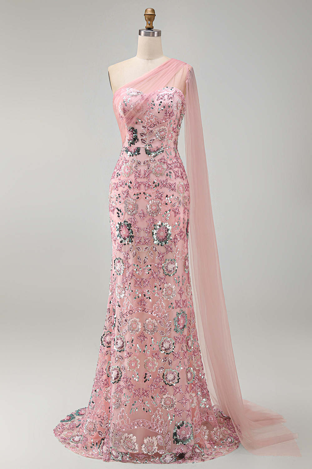 One Shoulder Pink Sparkly Mermaid Long Formal Dress
