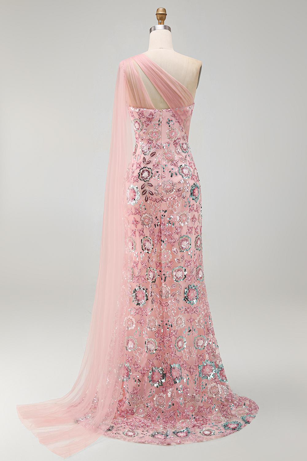 One Shoulder Pink Sparkly Mermaid Long Formal Dress