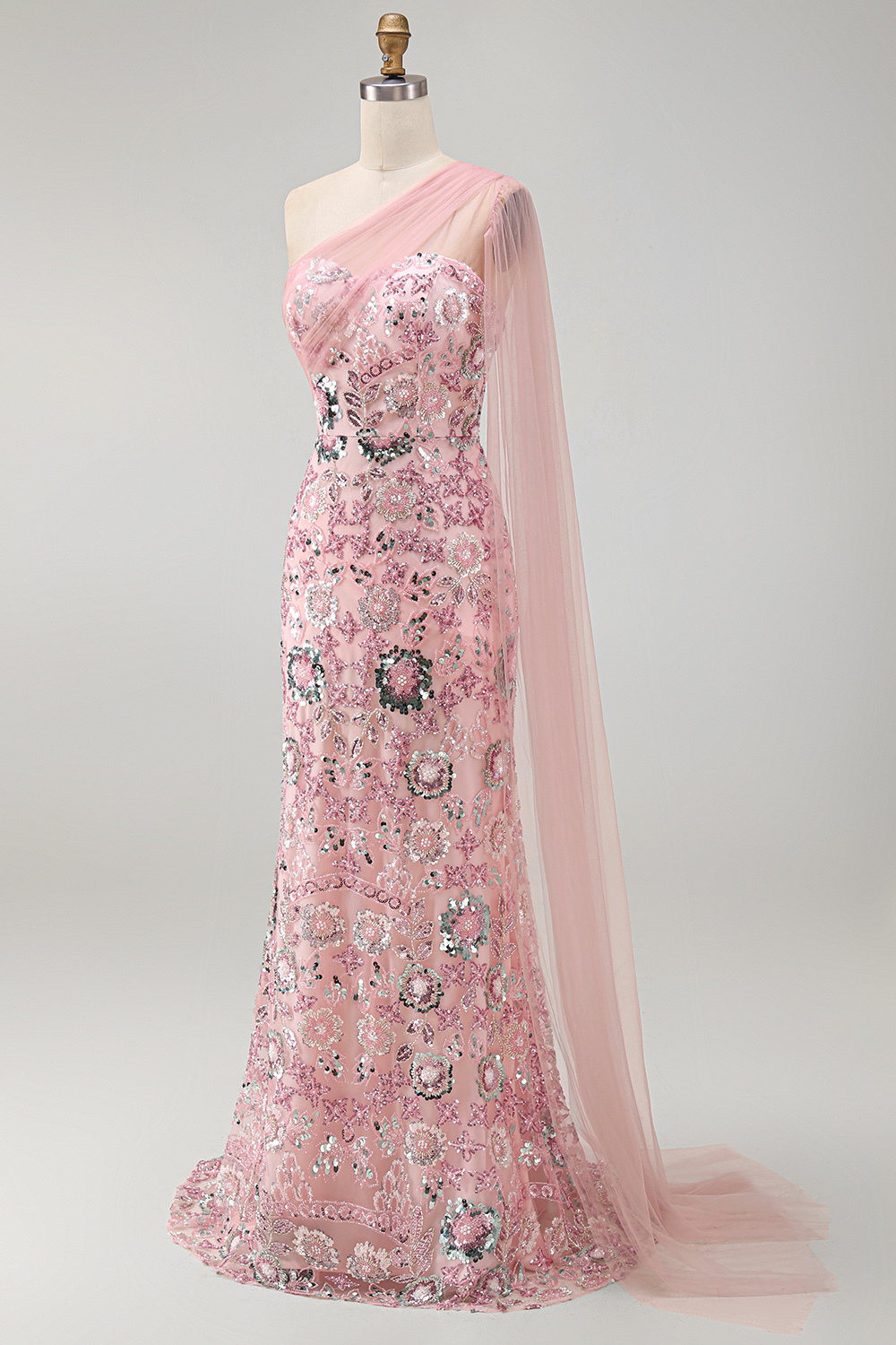 One Shoulder Pink Sparkly Mermaid Long Formal Dress