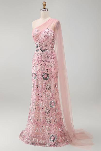 One Shoulder Pink Sparkly Mermaid Long Formal Dress