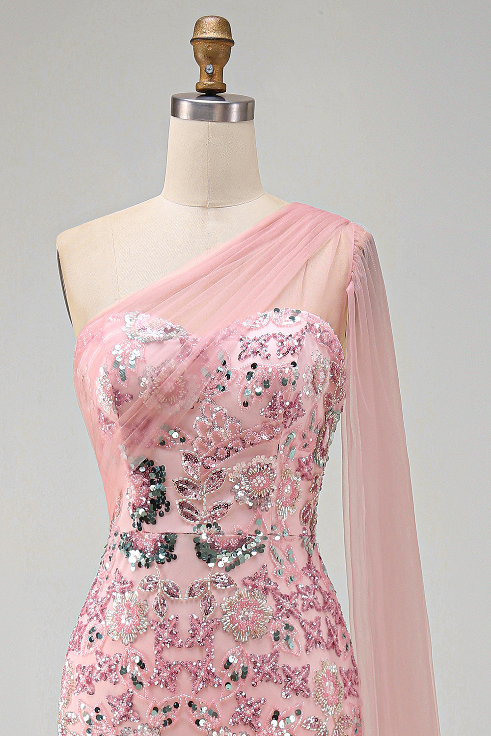 One Shoulder Pink Sparkly Mermaid Long Formal Dress
