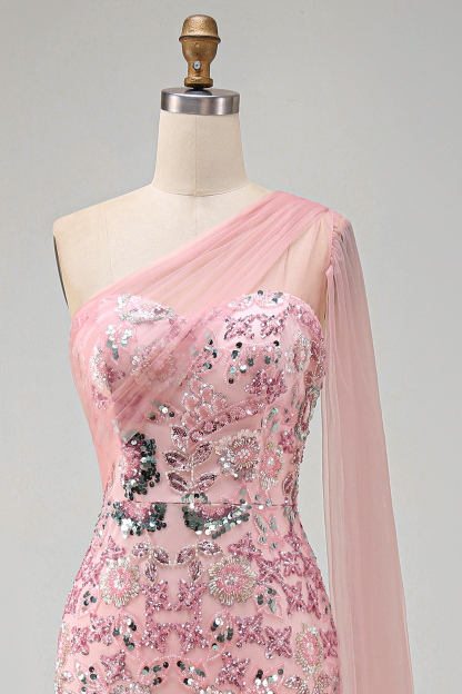One Shoulder Pink Sparkly Mermaid Long Formal Dress