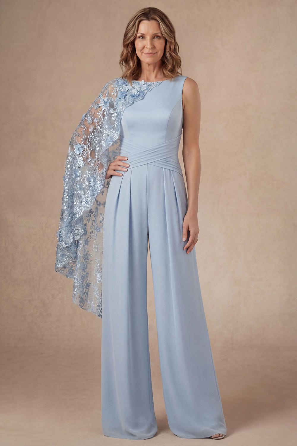 Leely Women Sky Blue Round Neck Mother of the Bride Jumpsuit Sleeveless Ruched Wedding Guest Jumpsuit