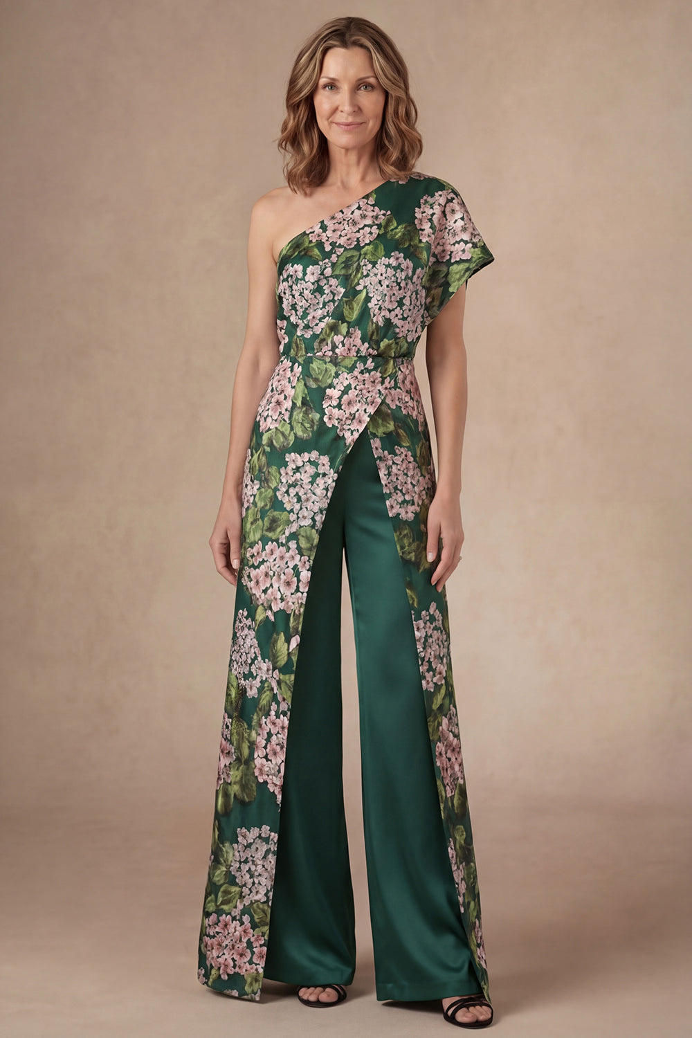 Floral Dark Green One Shoulder Mother of the Bride Jumpsuit