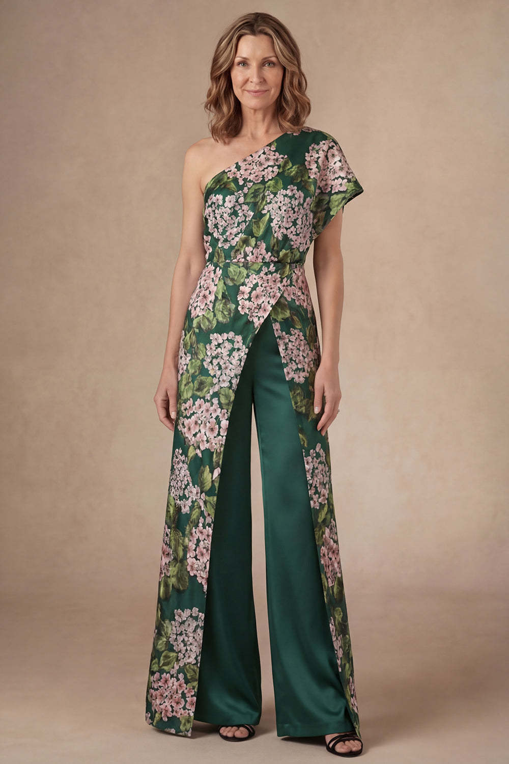 Leely Women Floral Dark Green One Shoulder Mother of the Bride Jumpsuit Sleeveless Backless Formal Jumpsuit