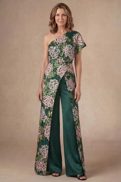 Leely Women Floral Dark Green One Shoulder Mother of the Bride Jumpsuit Sleeveless Backless Formal Jumpsuit