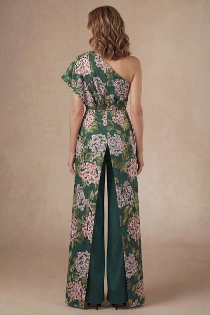 Floral Dark Green One Shoulder Mother of the Bride Jumpsuit