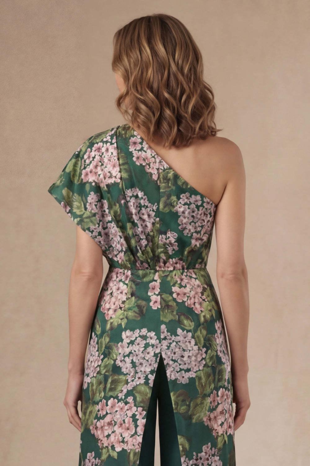 Floral Dark Green One Shoulder Mother of the Bride Jumpsuit