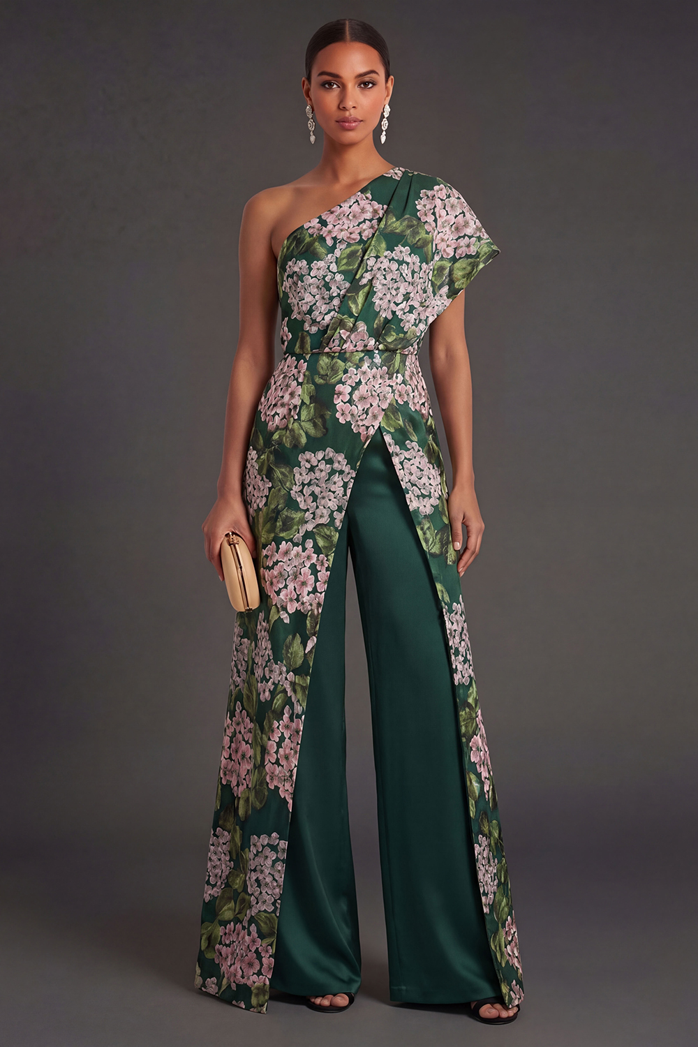 Leely Women Floral Dark Green One Shoulder Wedding Guest Jumpsuit Sleeveless Backless Formal Jumpsuit