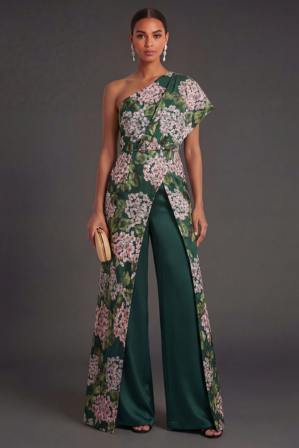 Leely Women Floral Dark Green One Shoulder Wedding Guest Jumpsuit Sleeveless Backless Formal Jumpsuit