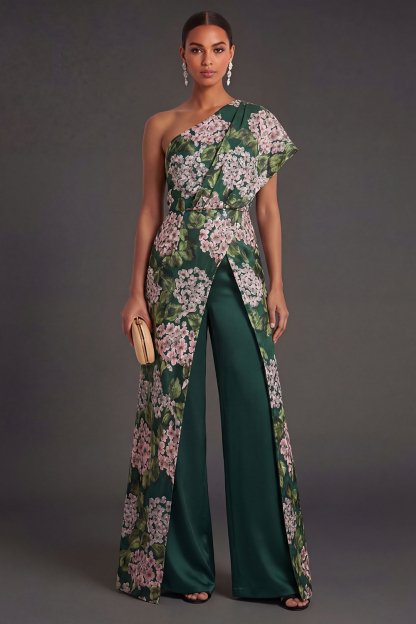 Leely Women Floral Dark Green One Shoulder Wedding Guest Jumpsuit Sleeveless Backless Formal Jumpsuit