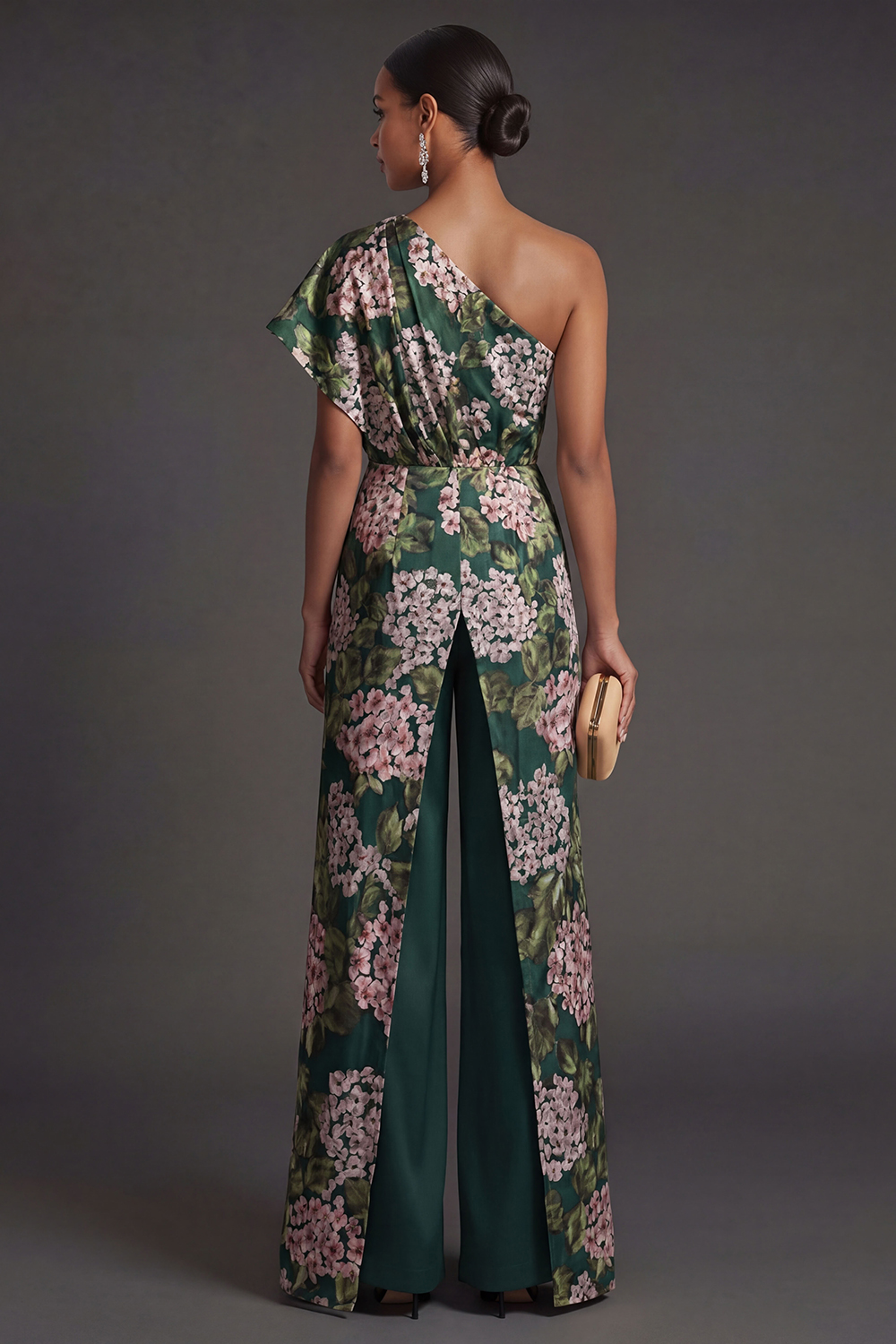 Floral Dark Green One Shoulder Wedding Guest Jumpsuit