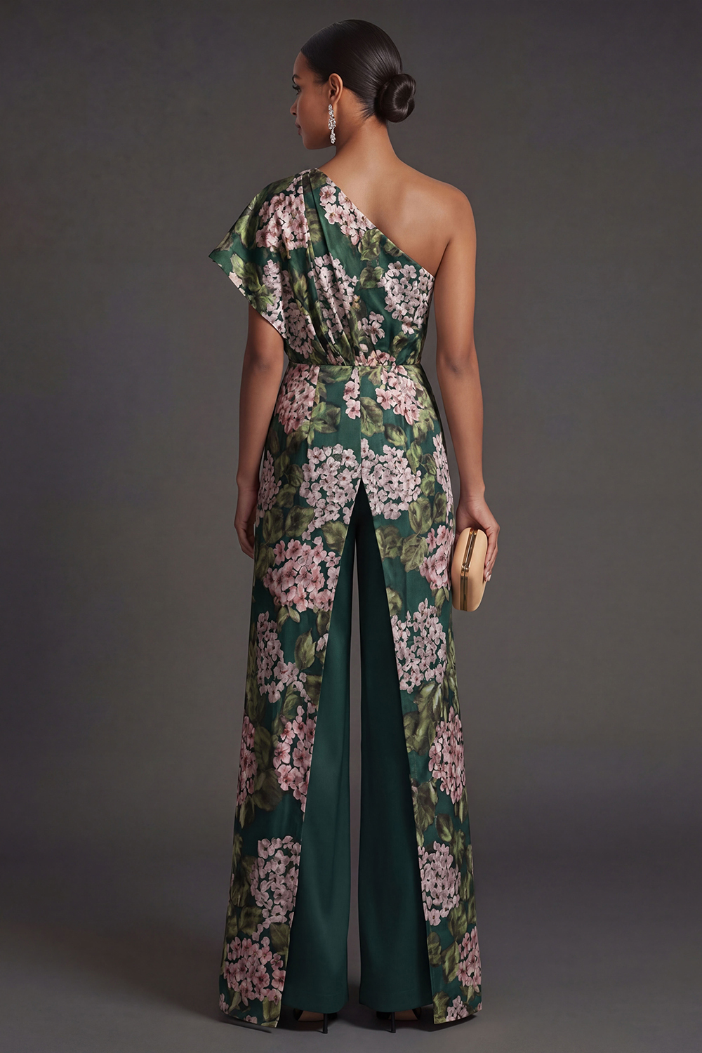 Floral Dark Green One Shoulder Wedding Guest Jumpsuit