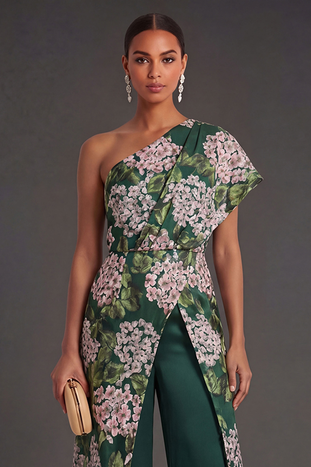Floral Dark Green One Shoulder Wedding Guest Jumpsuit