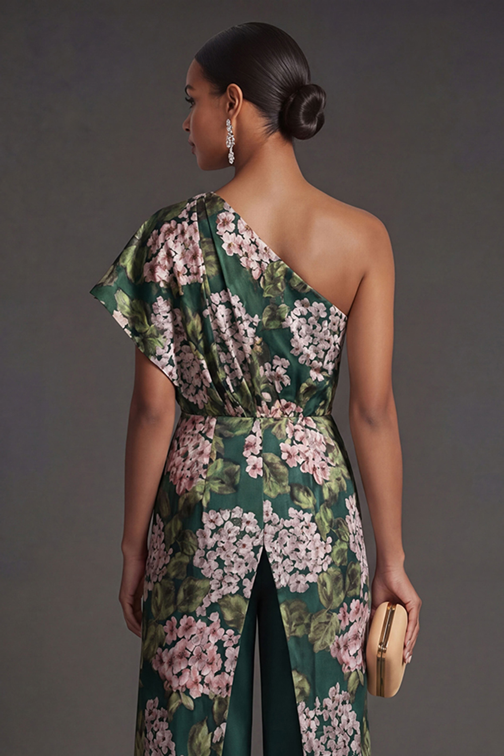 Floral Dark Green One Shoulder Wedding Guest Jumpsuit