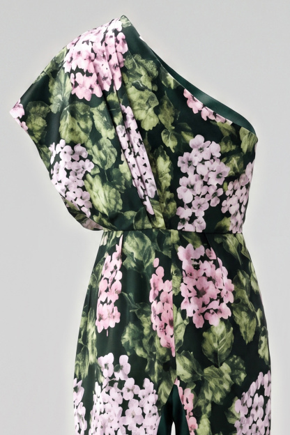 Floral Dark Green One Shoulder Wedding Guest Jumpsuit