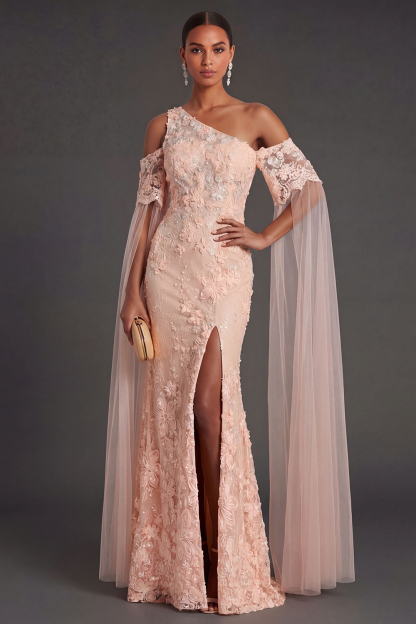 Leely Women Peach Mermaid Long Formal Dress with Slit Appliqued Off the Shoulder Formal Dress