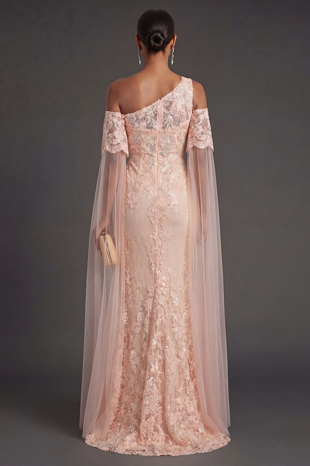 Peach Appliqued Mermaid Long Formal Dress with Slit