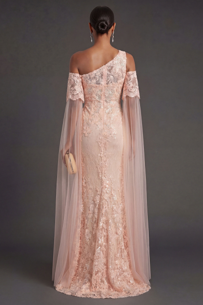 Peach Appliqued Mermaid Long Formal Dress with Slit