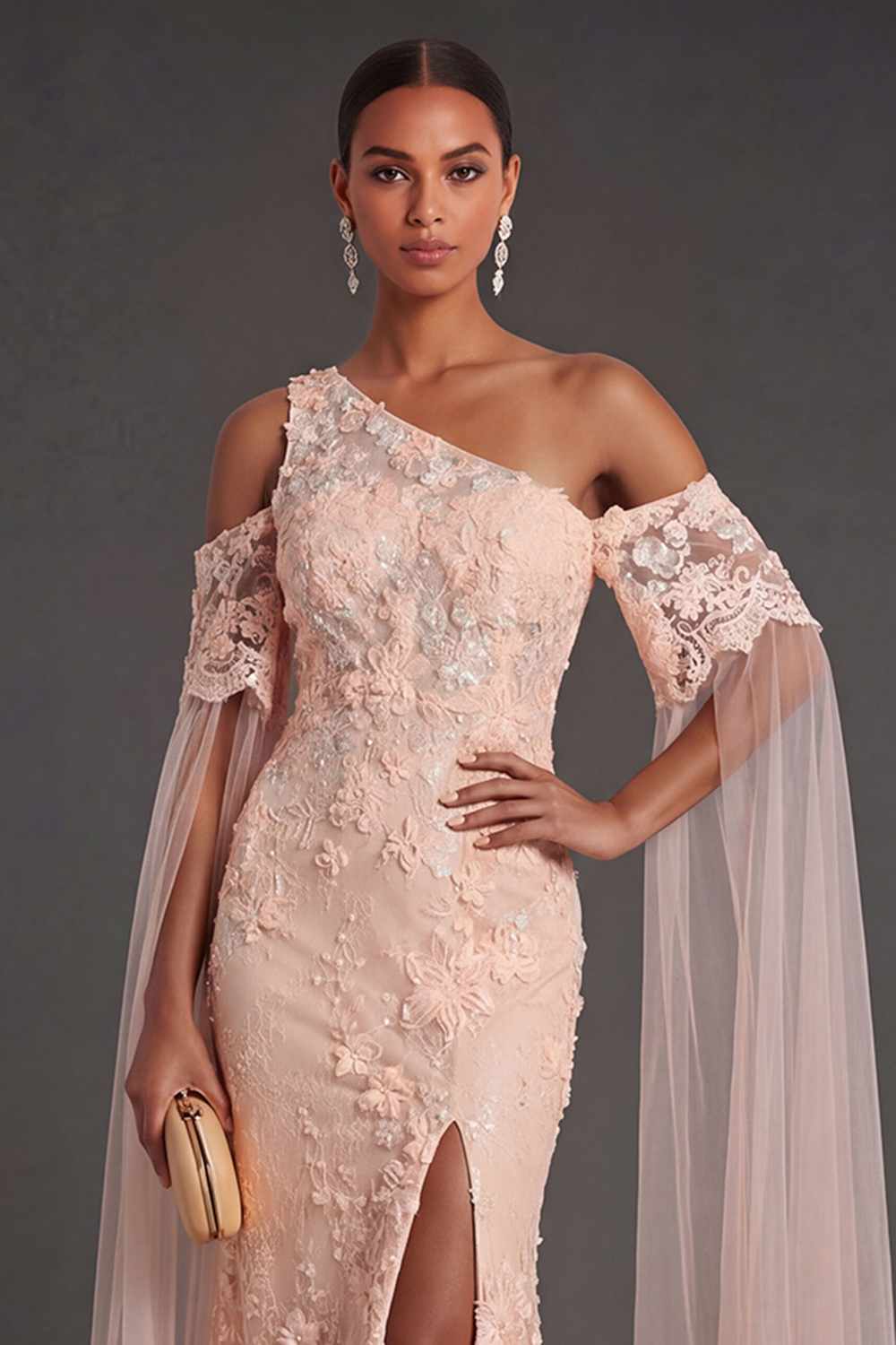 Peach Appliqued Mermaid Long Formal Dress with Slit