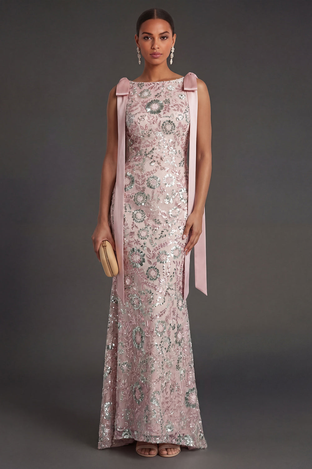 Bateau Neck Pink Sparkly Mermaid Long Formal Dress