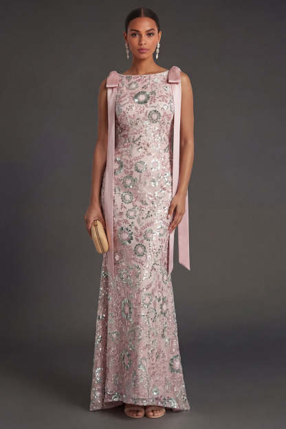 Leely Women Bateau Neck Pink Sparkly Mermaid Long Formal Dress Backless Sleeveless Pageant Dress