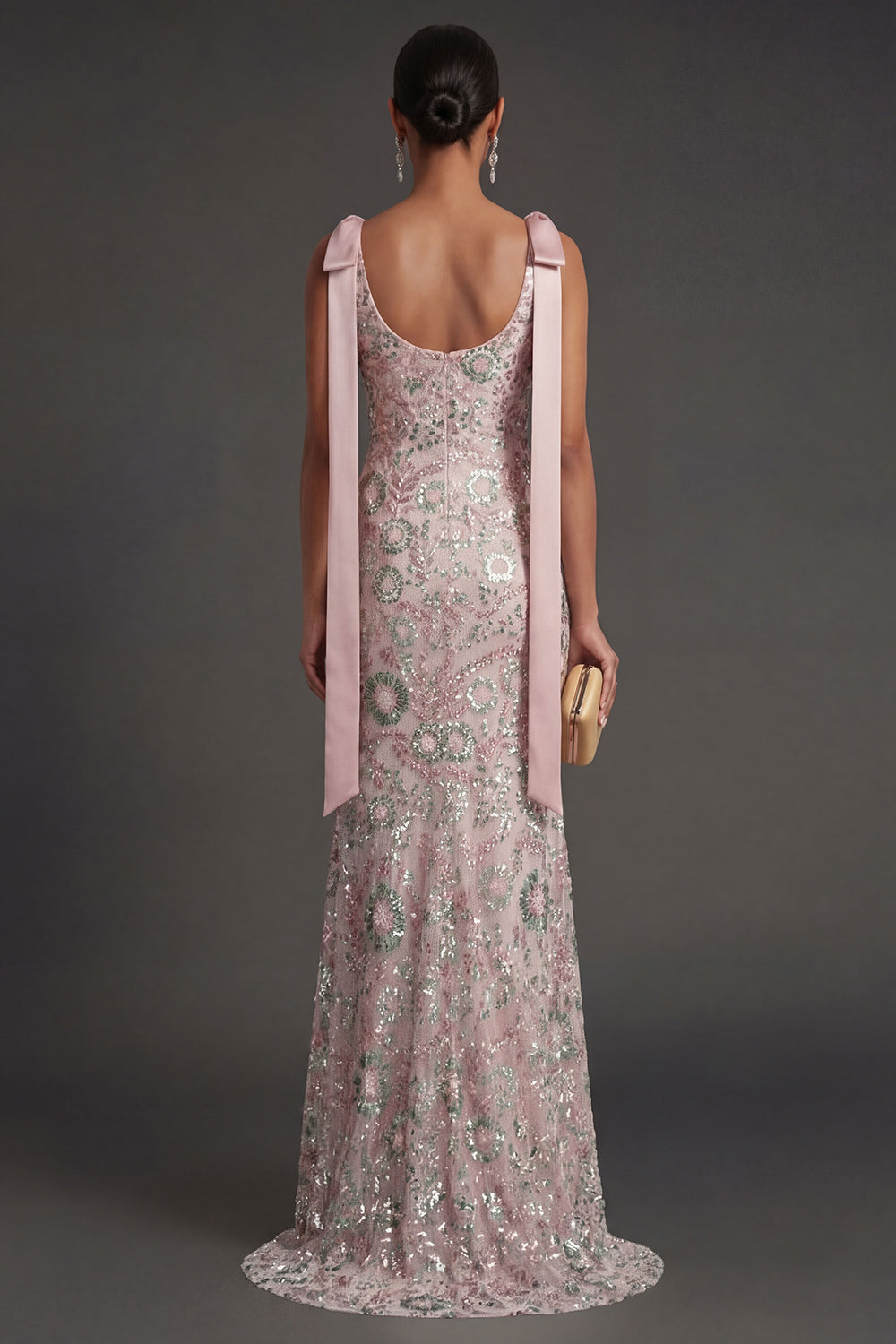 Bateau Neck Pink Sparkly Mermaid Long Formal Dress