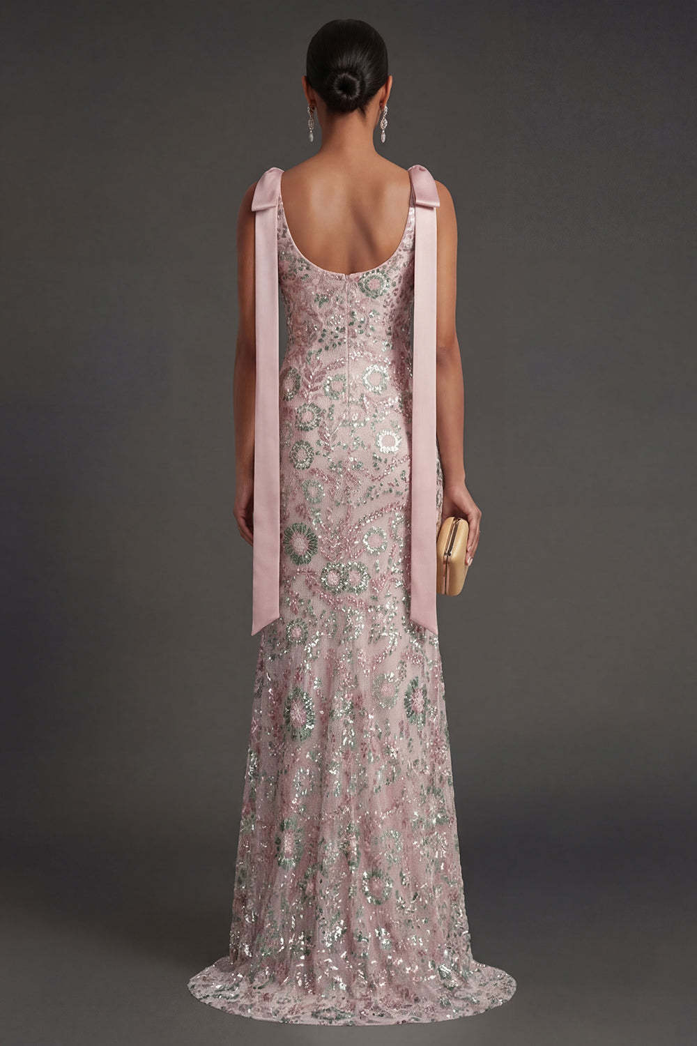 Bateau Neck Pink Sparkly Mermaid Long Formal Dress