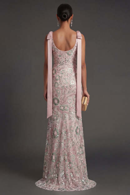 Bateau Neck Pink Sparkly Mermaid Long Formal Dress