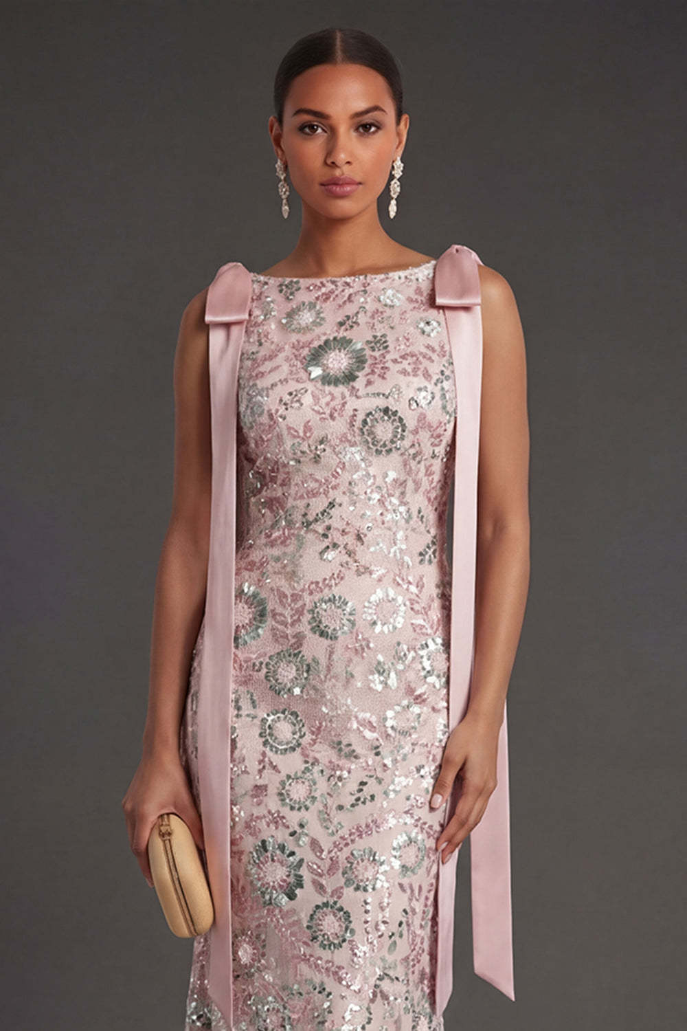 Bateau Neck Pink Sparkly Mermaid Long Formal Dress