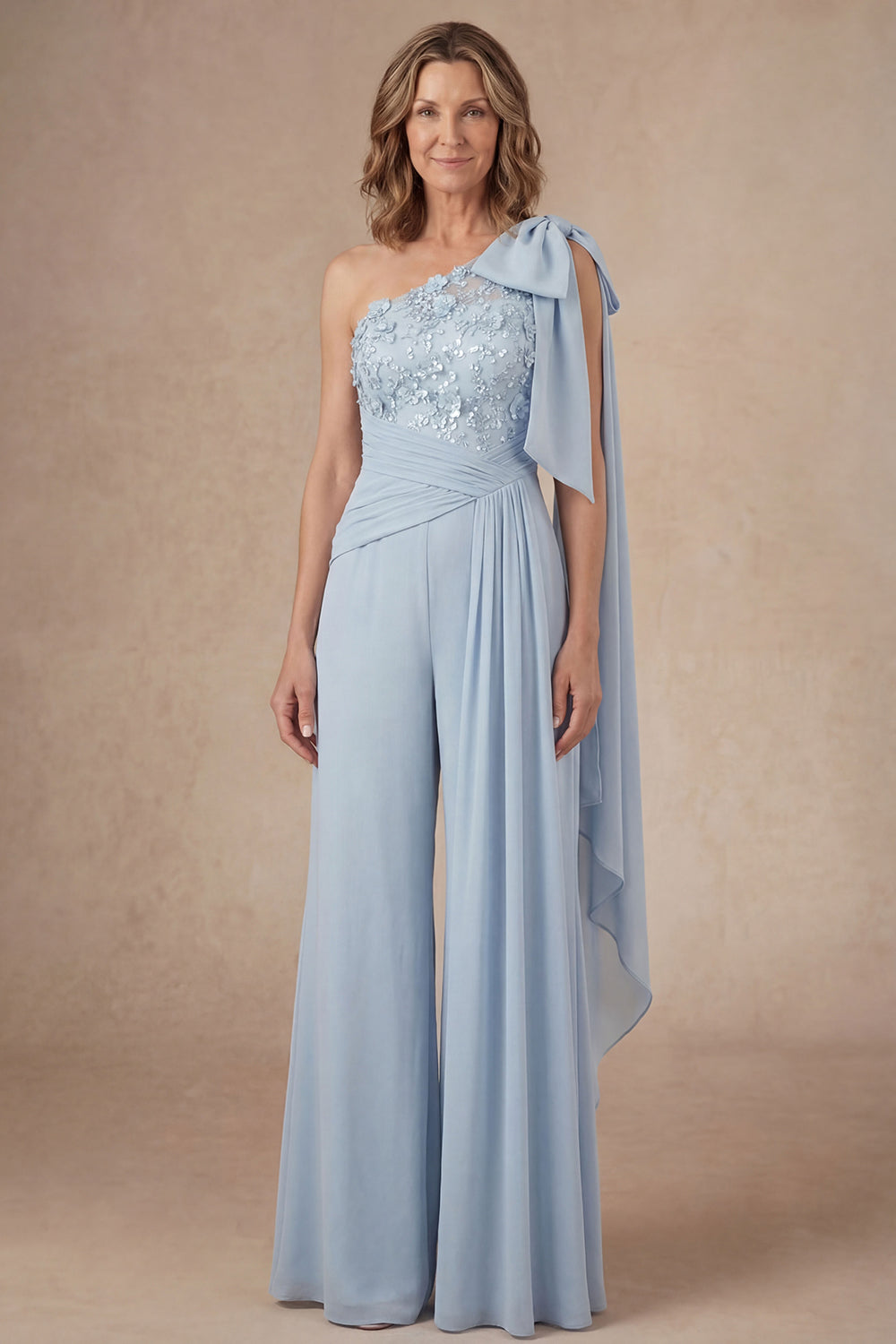 Leely Women Sky Blue Floral One Shoulder Mother of the Bride Jumpsuit Appliqued Backless Sleeveless Wedding Guest Jumpsuit